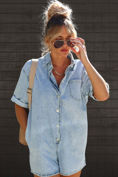 Festival Feelin' Light Wash Short Sleeve Denim Romper