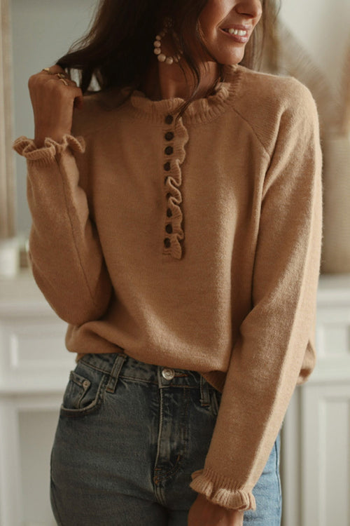 Simply Amazing Button Down Ruffled Knit Sweater - 2 Colors Khaki