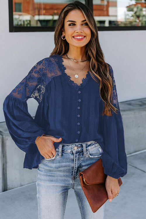 Daydream Lace Embroidery Button Up Top - 2 Colors Navy