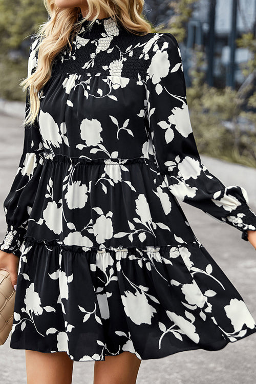 Fresh Season Printed Smocked Mini Dress Black