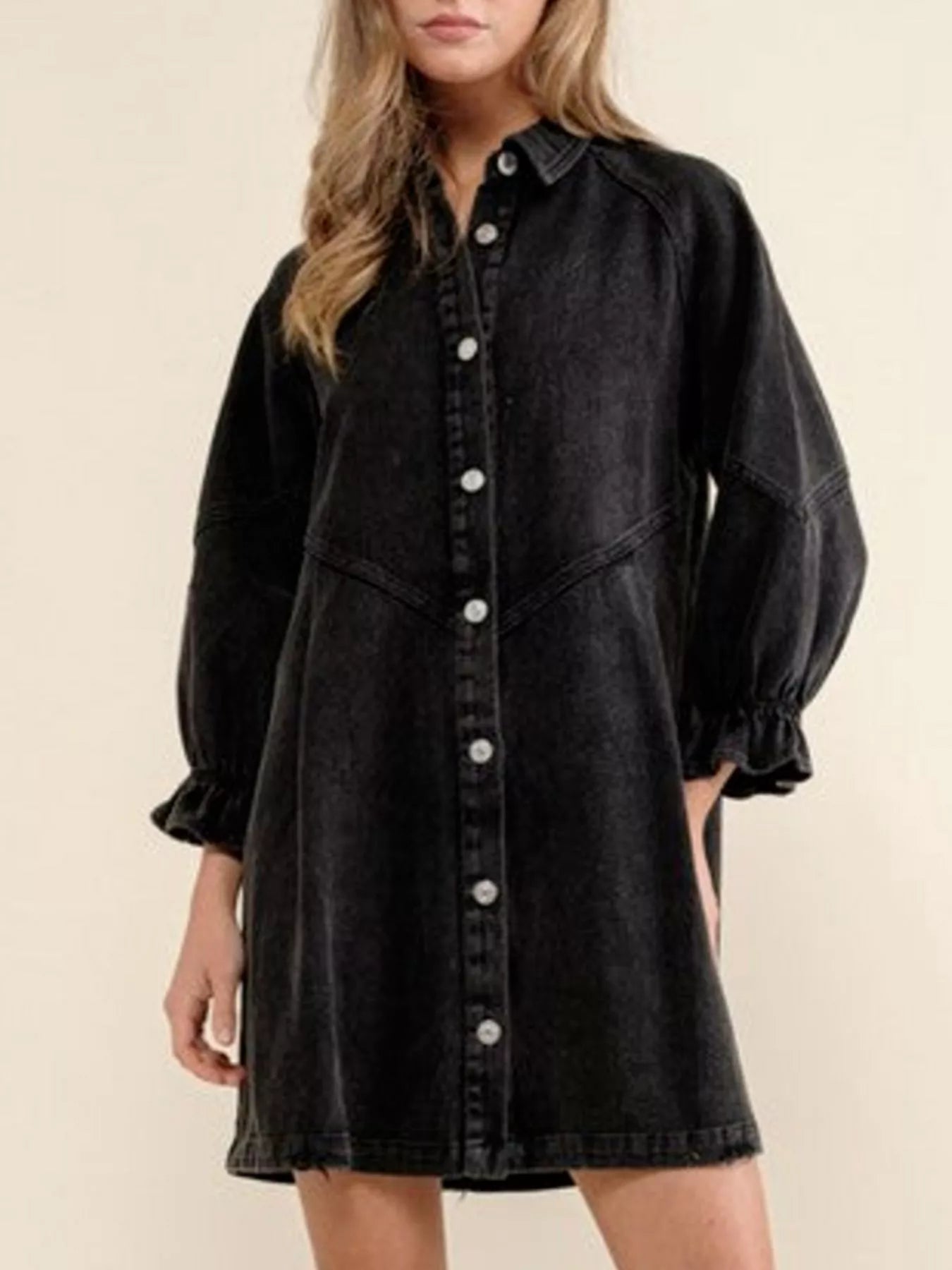 Ruffled Cuff Button-Down Denim Dress