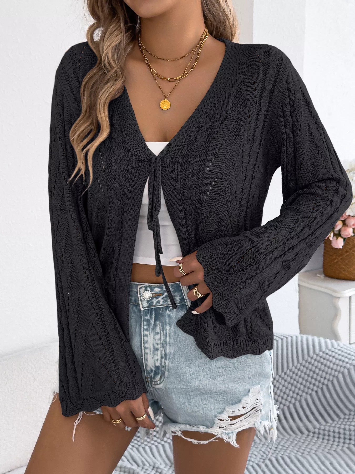 Openwork Tie-Front Knit Cardigan