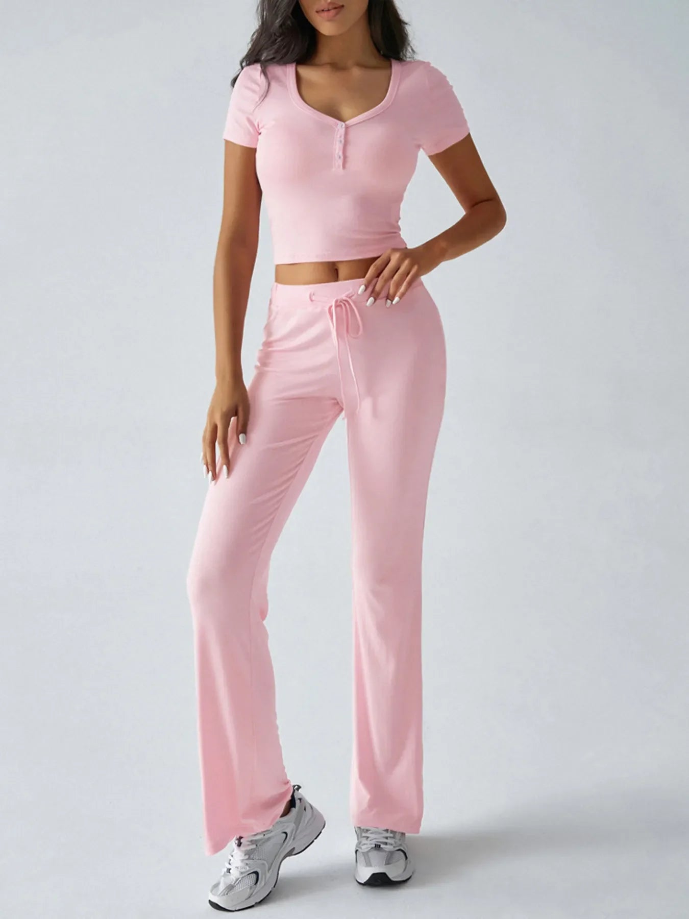 Casual Ribbed Short Sleeve Top and Pants Set