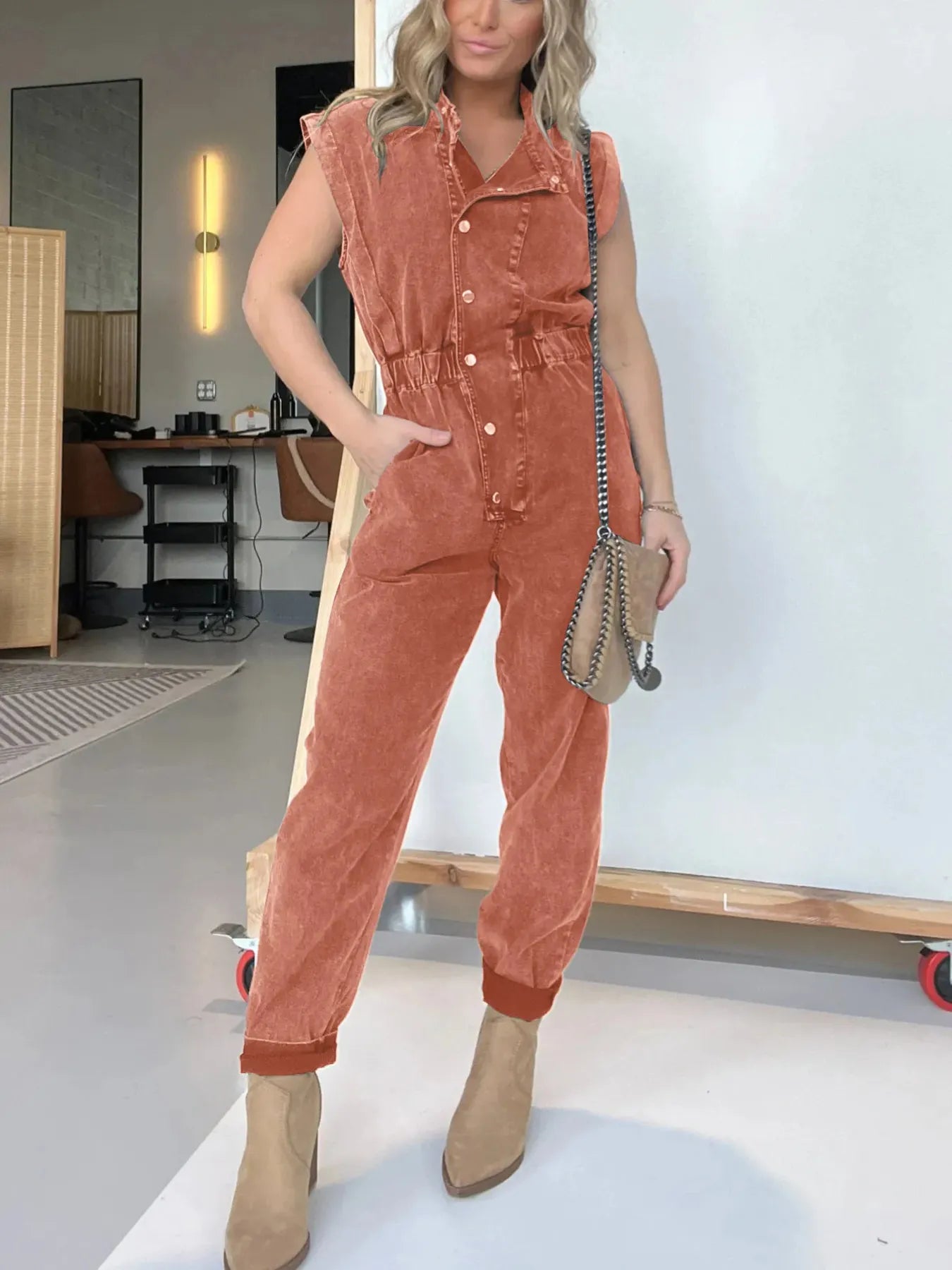 Full Size Button Front Cap Sleeve Denim Jumpsuit Plus Size