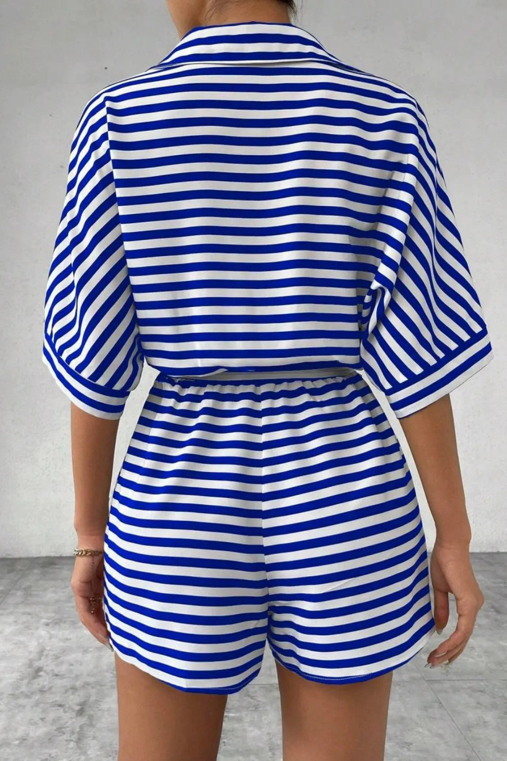 Striped Romper - Collared Tied Waist