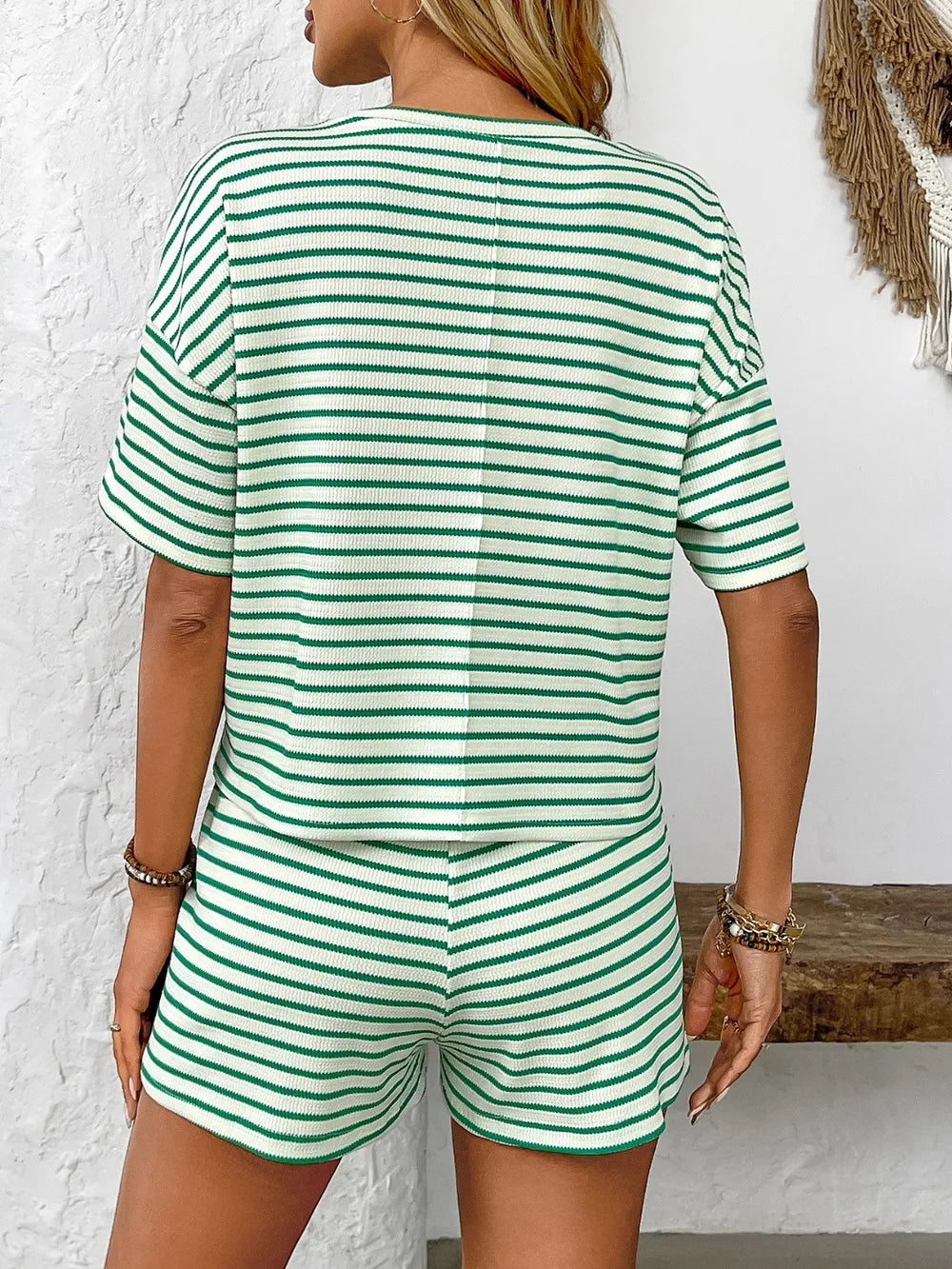 Striped Shorts Set - Round Neck