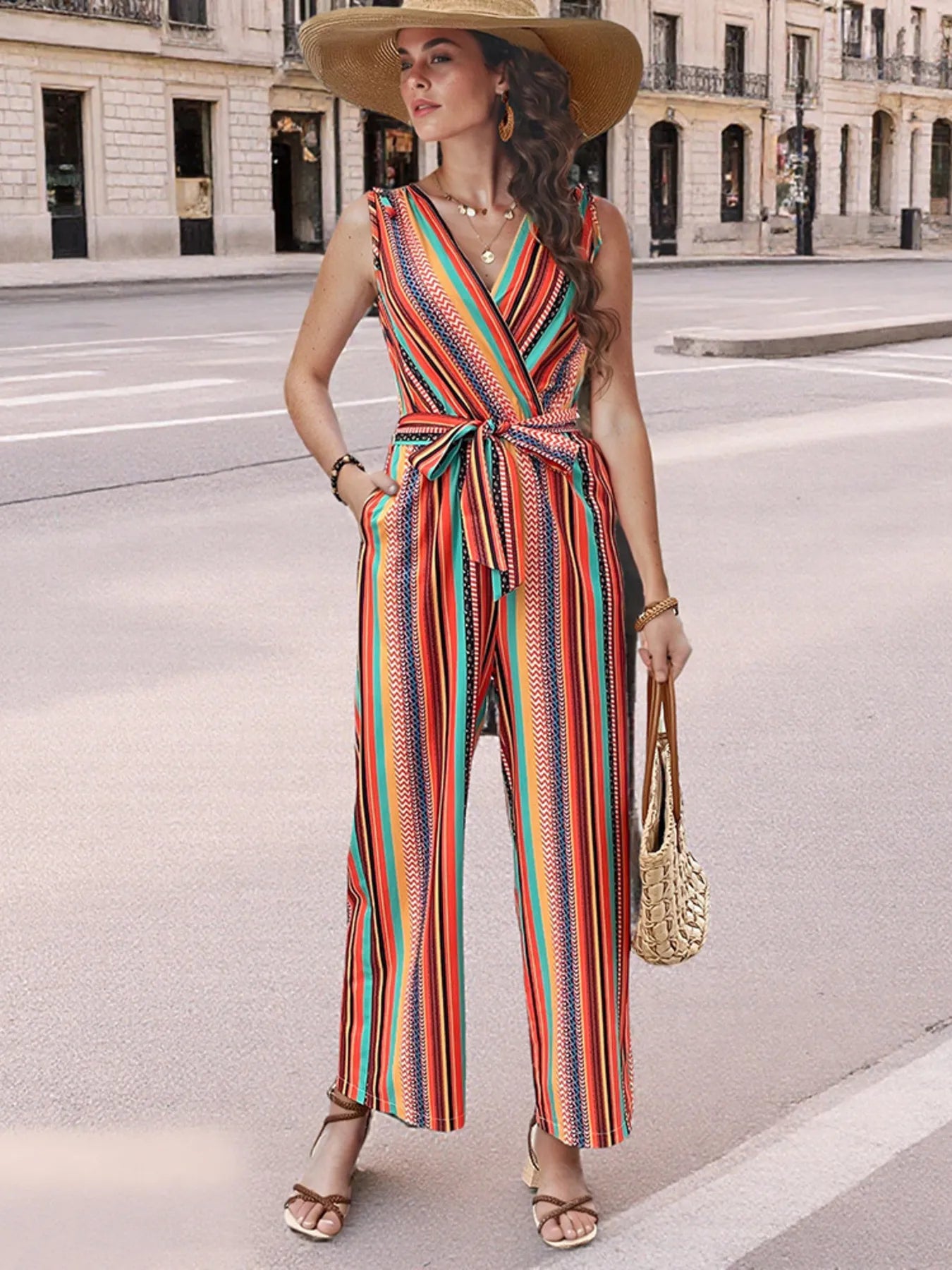 Striped Sleeveless Tie Waist Jumpsuit