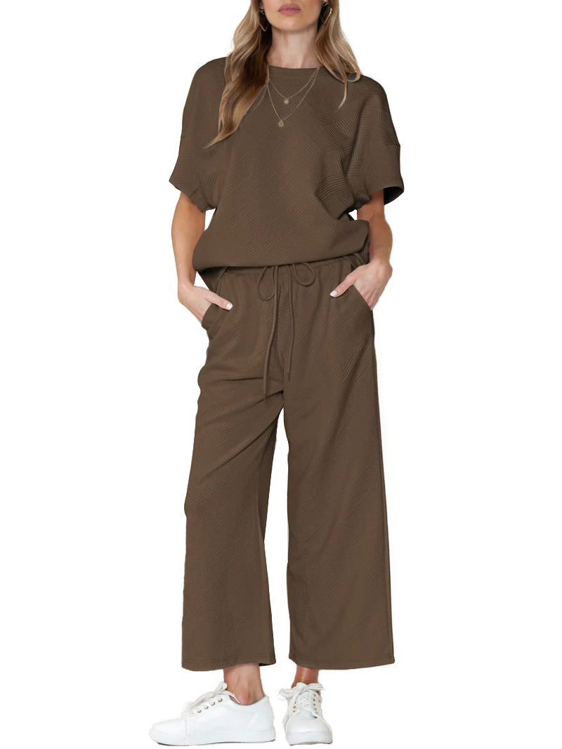 ⏰Hot Sale-Women's Textured Loose Fit T Shirt and Drawstring Pants Casual Set (Buy 2 Free Shipping)