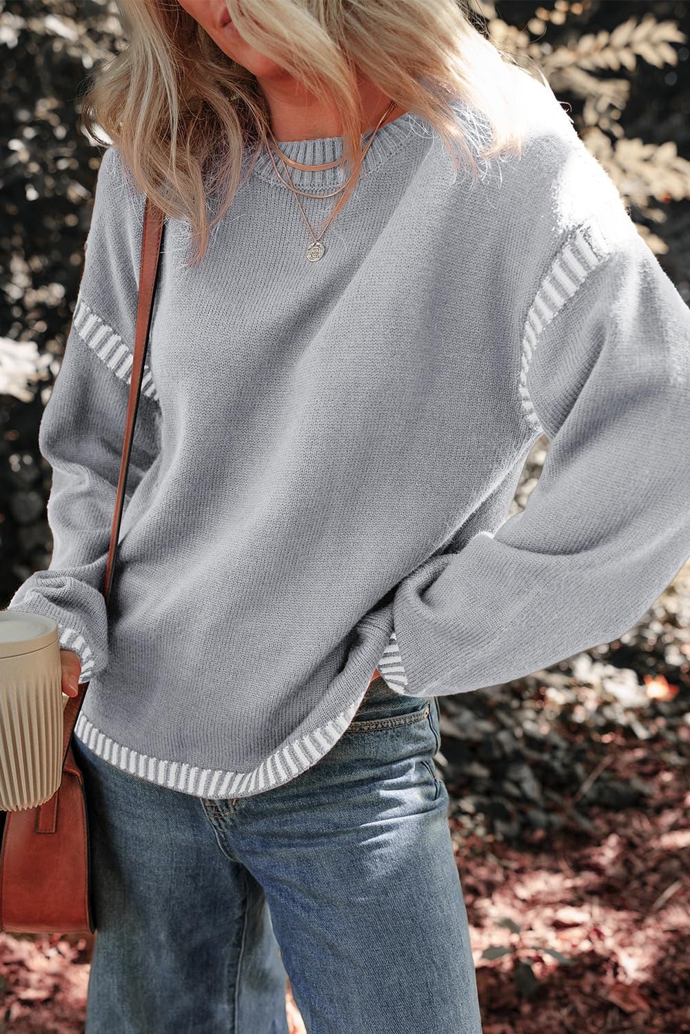 ⏰Hot Sale- Women's Cozy Contrast Trim Crewneck Sweater (BUY 2 FREE SHIPPING)