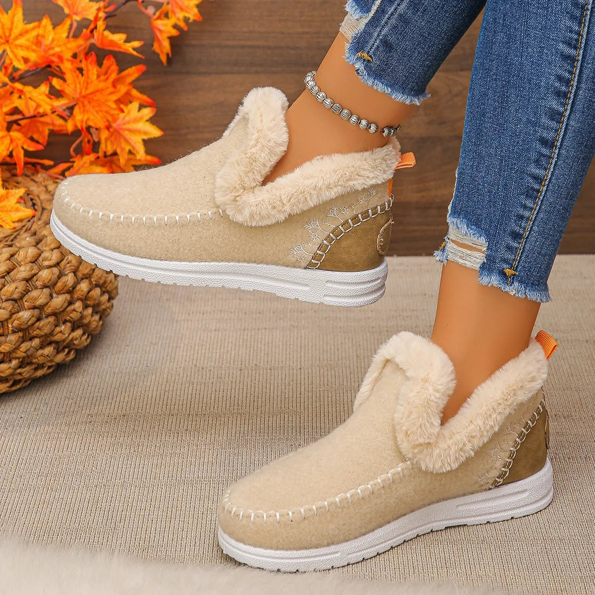 Round Toe Fleece-Lined Ankle Boots – Cozy Winter Boots for Women