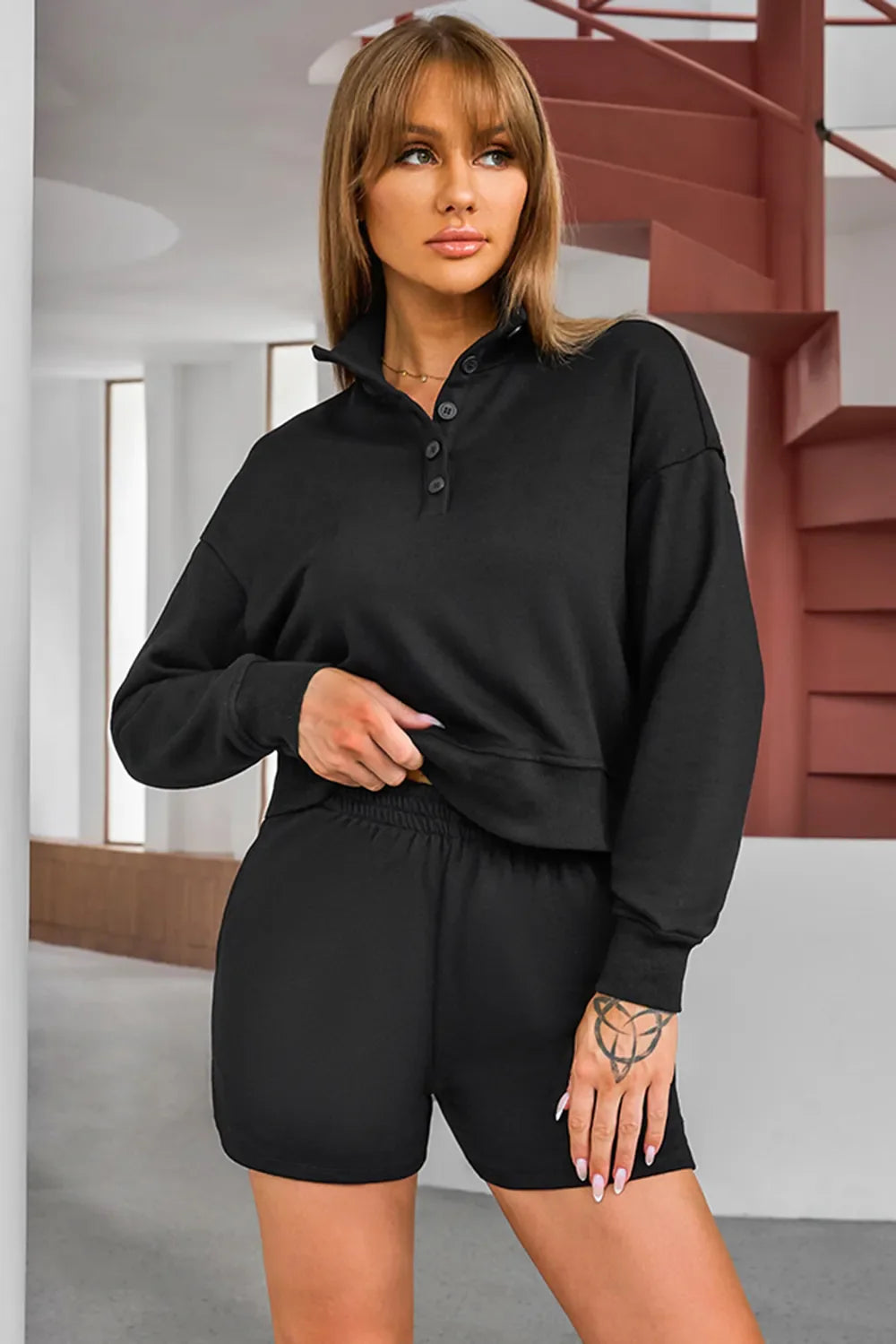 Sweatshirt and Shorts Set – Half Button, Sporty Fit