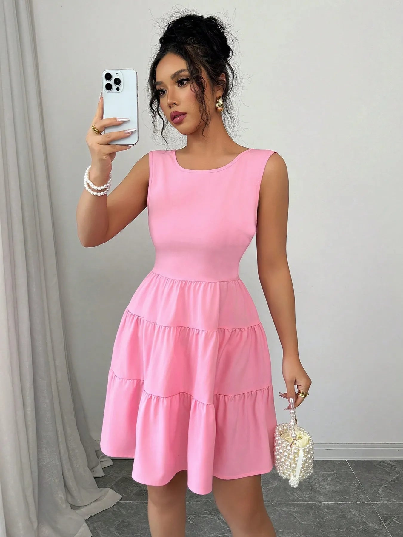Pink Flowy Tiered Dress – Sleeveless, Round Neck