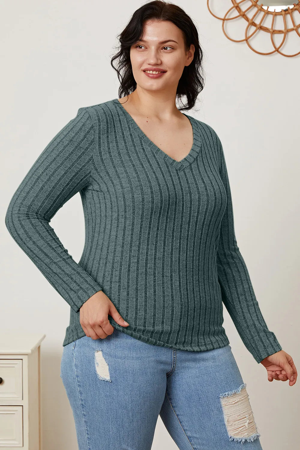 Comfy Ribbed V-Neck Long Sleeve Tee