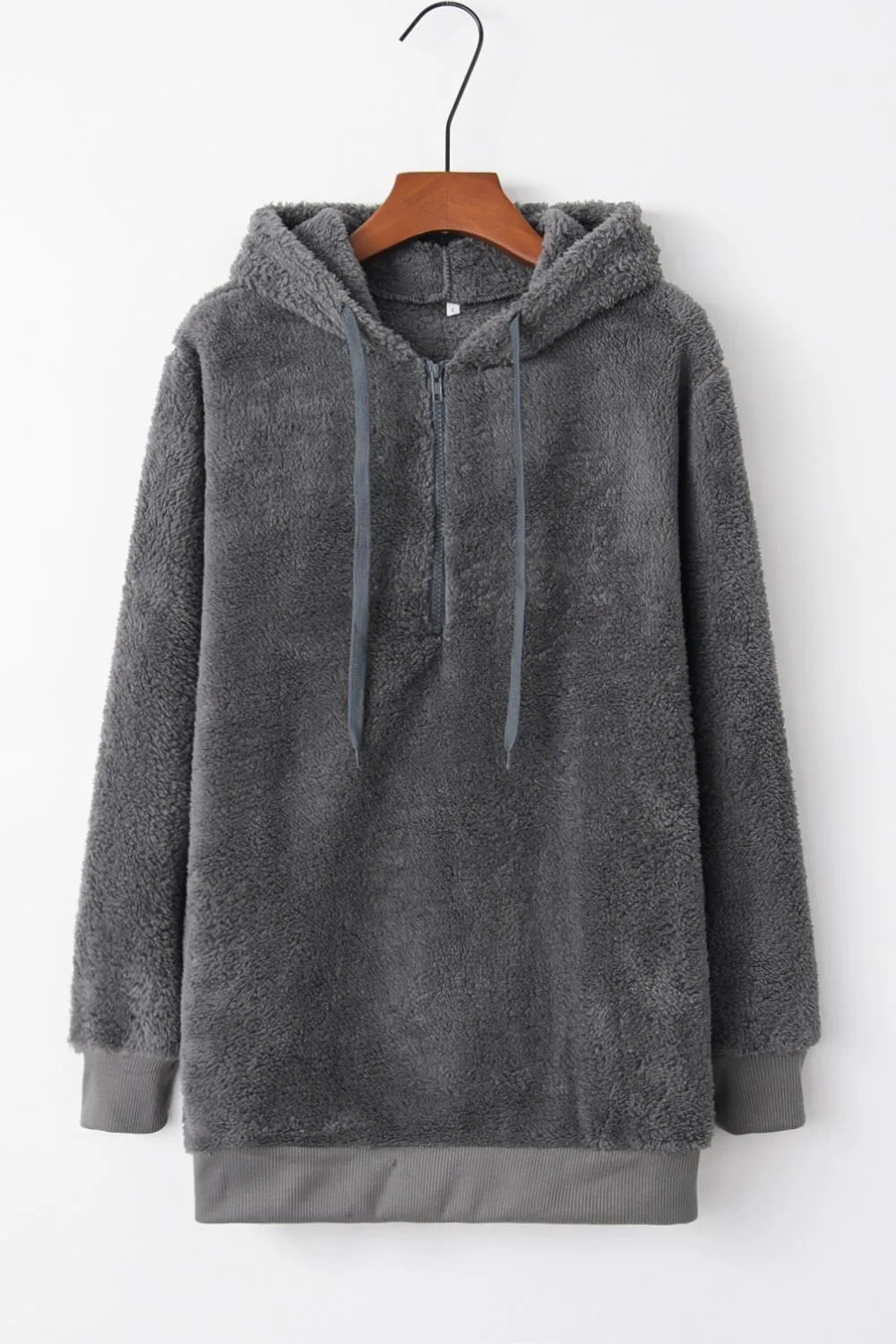 Cozy Quarter-Zip Teddy Hoodie – Full Size, Plush & Playful with Drawstring Style