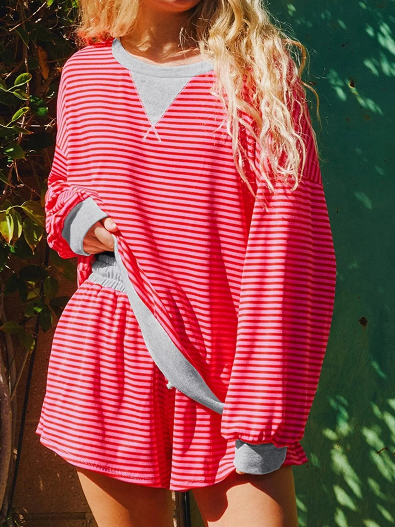 Women's Strawberry Stripe Drop Shoulder Baggy Top & Shorts Set – Casual Lounge Two Piece Outfit