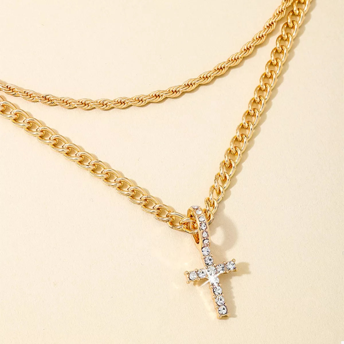 Layered Gold Chain Cross Pendant Necklace
