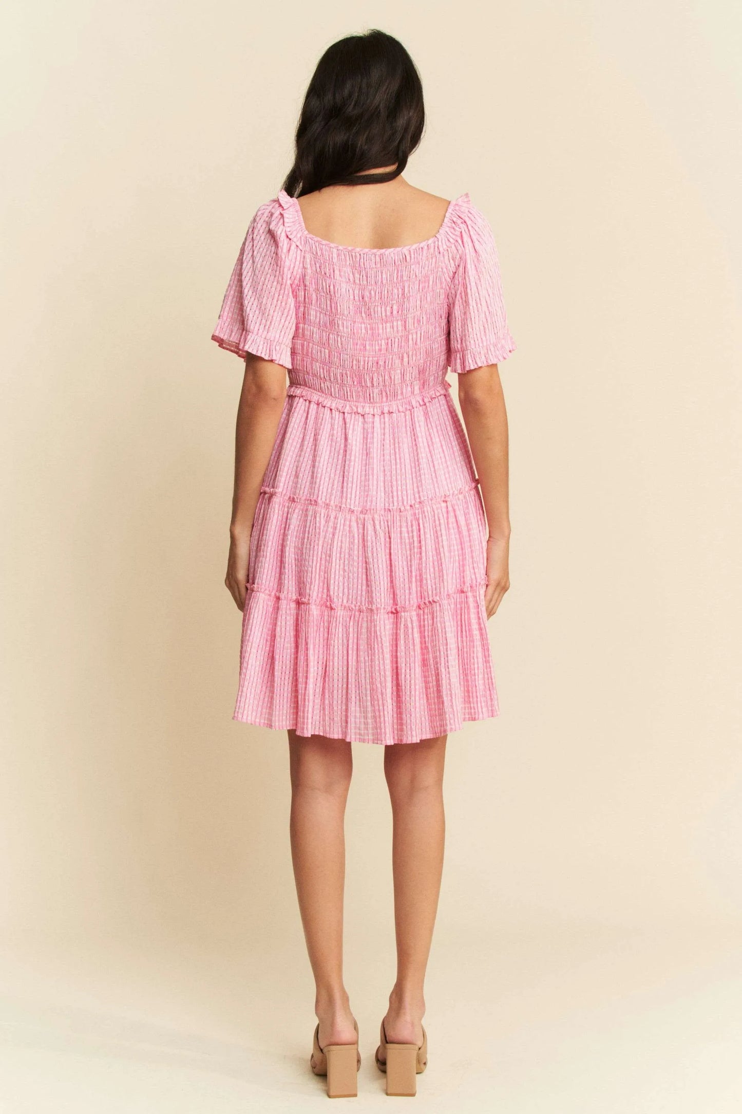 Pink Smocked Checker Tiered Dress