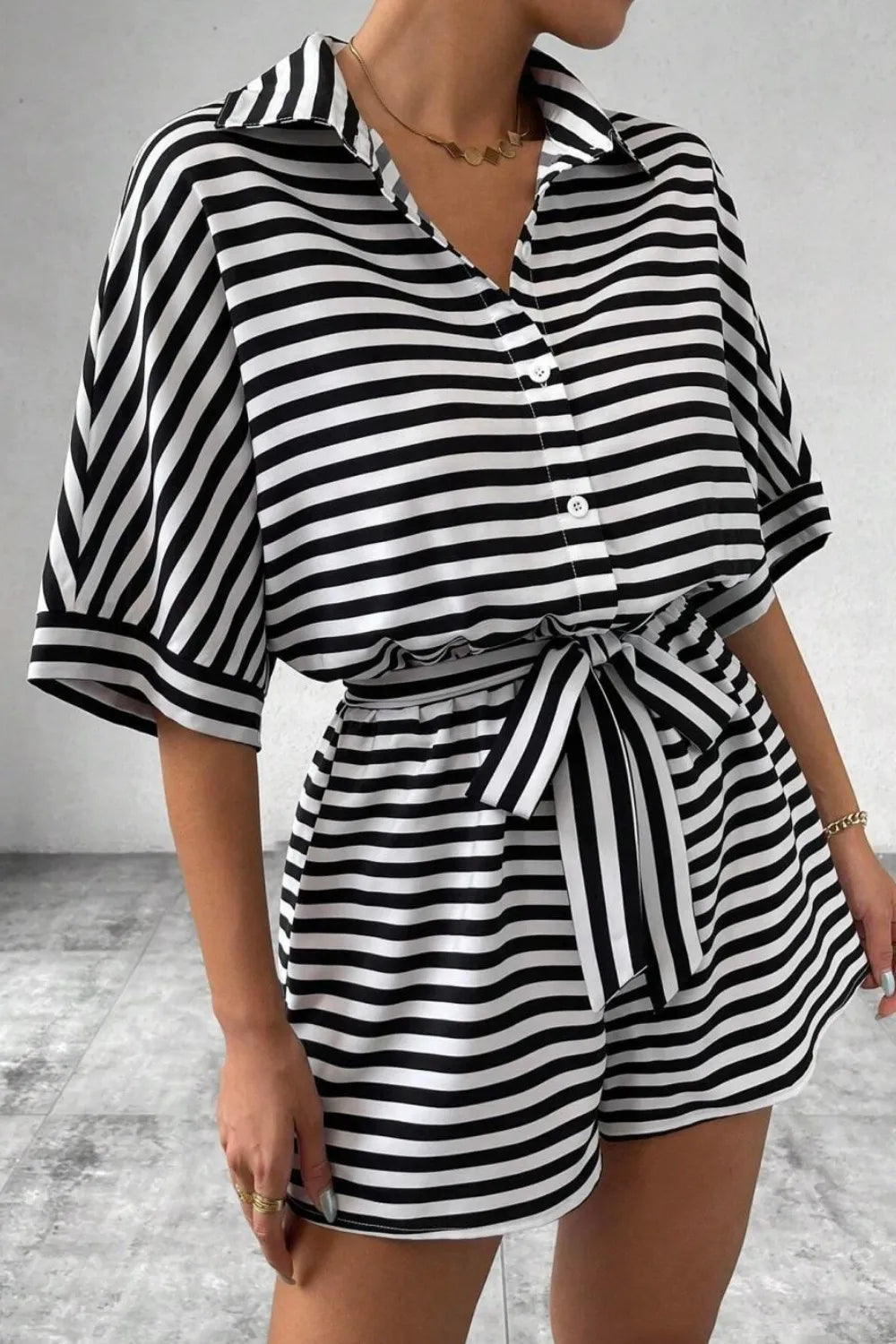 Striped Romper - Collared Tied Waist