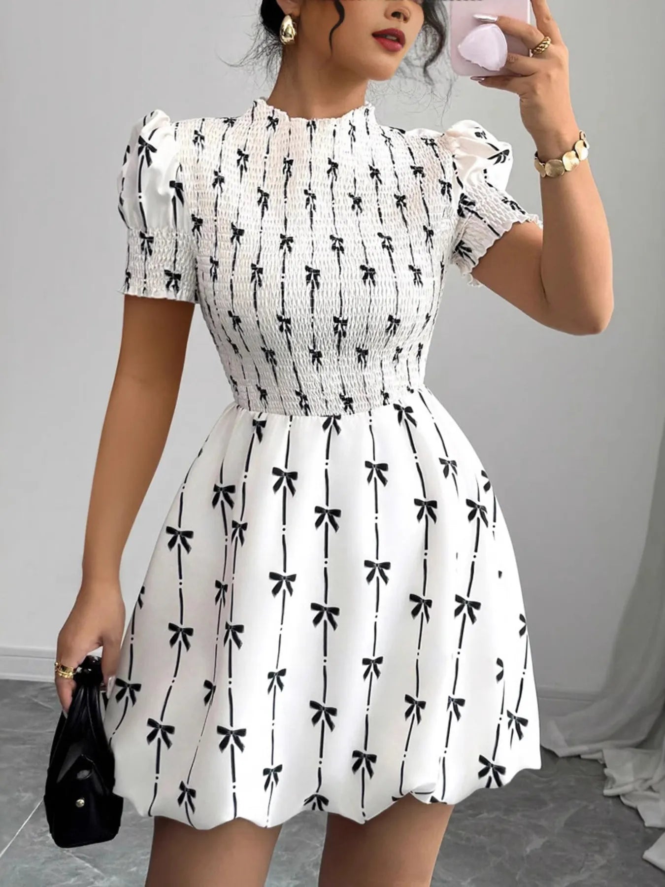 Smocked Bow Print Short Sleeve Dress – White Mini Dress with Black Bow Ties