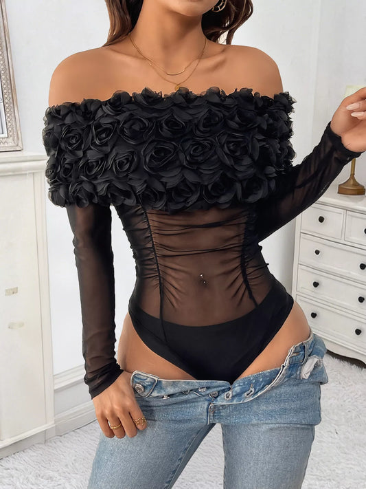 Black Floral Mesh Off-Shoulder Bodysuit for Women – Sheer Sexy Club & Party Top