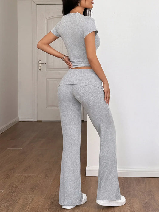 Round Neck Short Sleeve Top and Pants Set