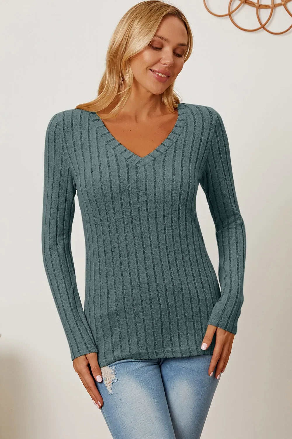 Comfy Ribbed V-Neck Long Sleeve Tee