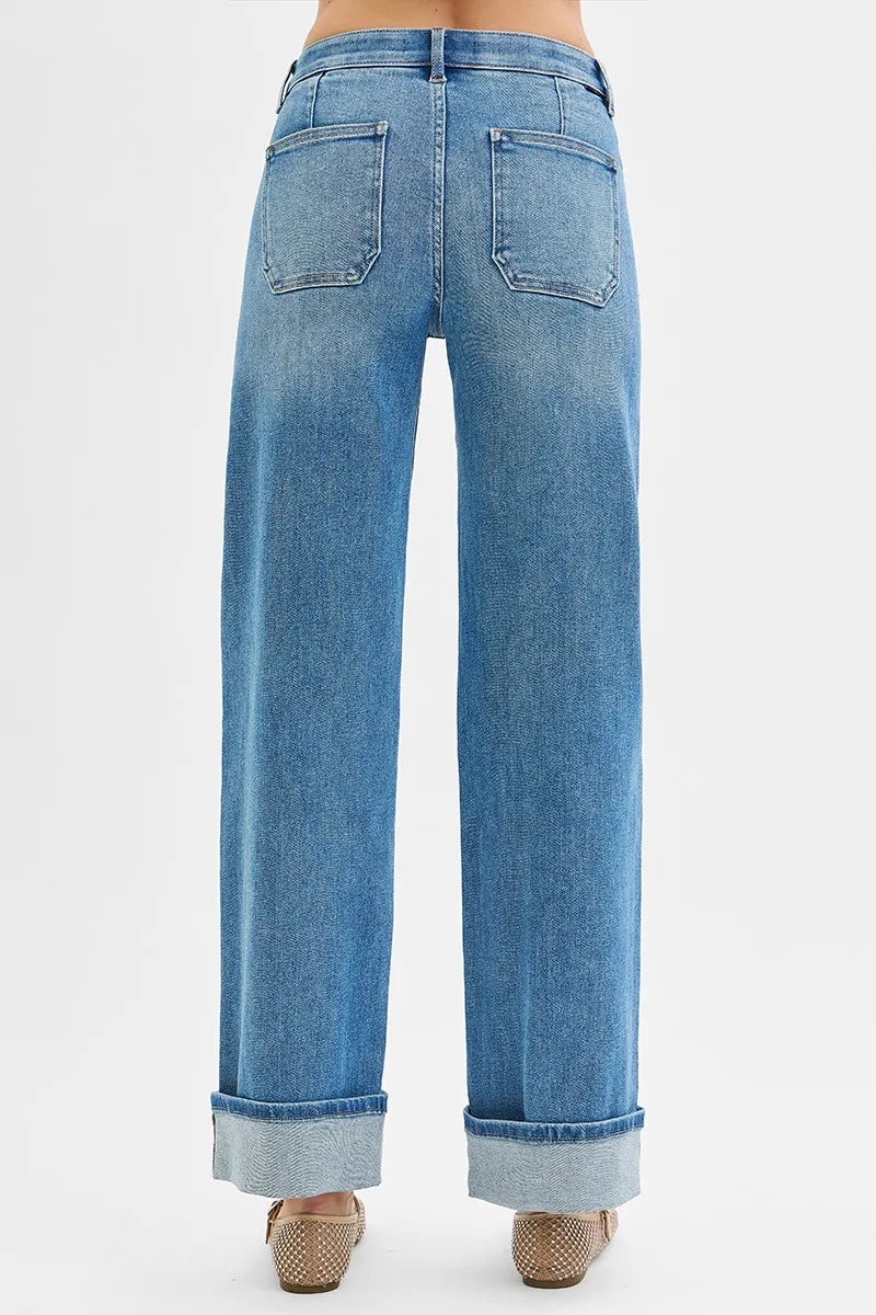 Wide Patch Pocket Cuff Jeans – Plus Size, Mid Rise