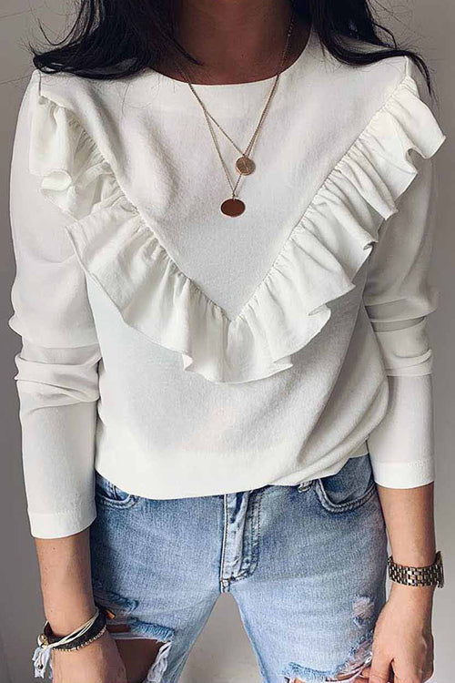 Coastline Ruffle Shoulder Long Sleeve Shirt - 3 Colors White