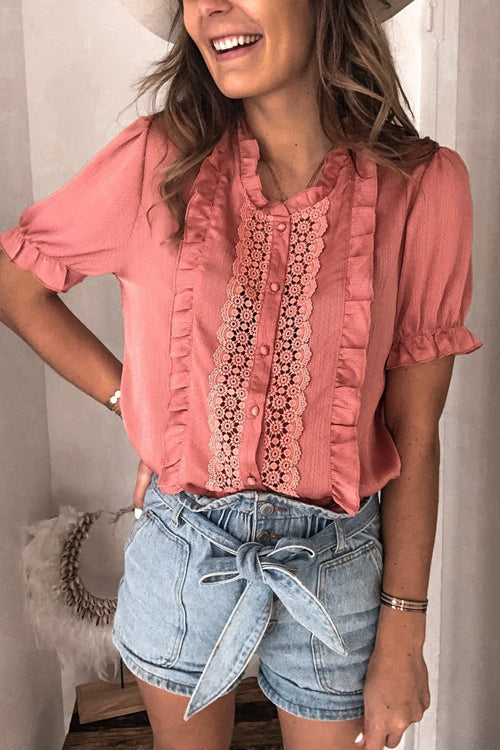 Patio Date Lace Ruffled Short Sleeve Top - 3 Colors Blush
