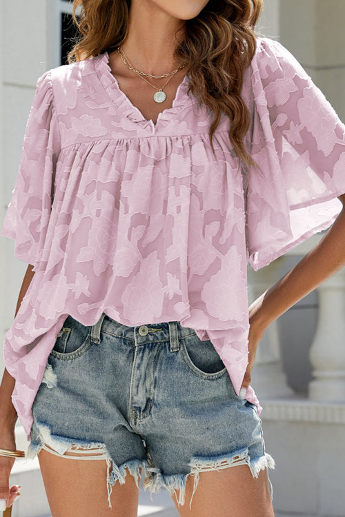 A Chance For Love Floral Jacquard Short Sleeve Top - 7 Colors Purple