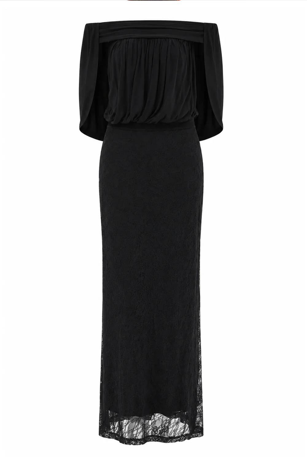 Off‑Shoulder Cape‑Sleeve Draped Mixed Lace Slit Maxi Evening Dress