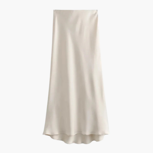 Chic Satin High-Waist Midi Skirt – Flattering Fit for Women Beige
