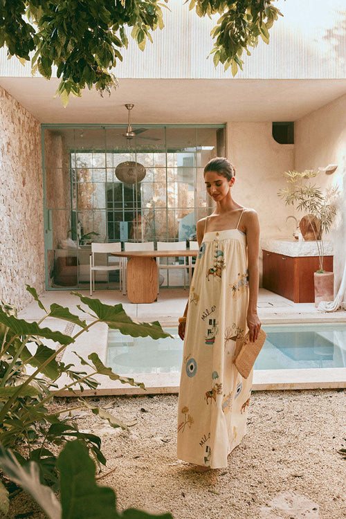 Lovable Aesthetic Print Flax Maxi Dress