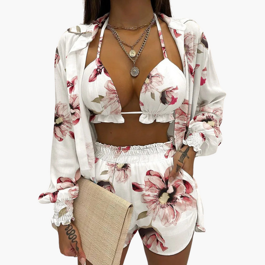Three-Piece Beach Set - Women's Pastel Summer Co-Ord Outfit White