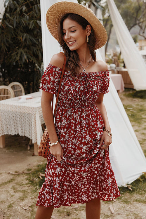 Days Like This Printed Off Shoulder Midi Dress - 3 Colors Red