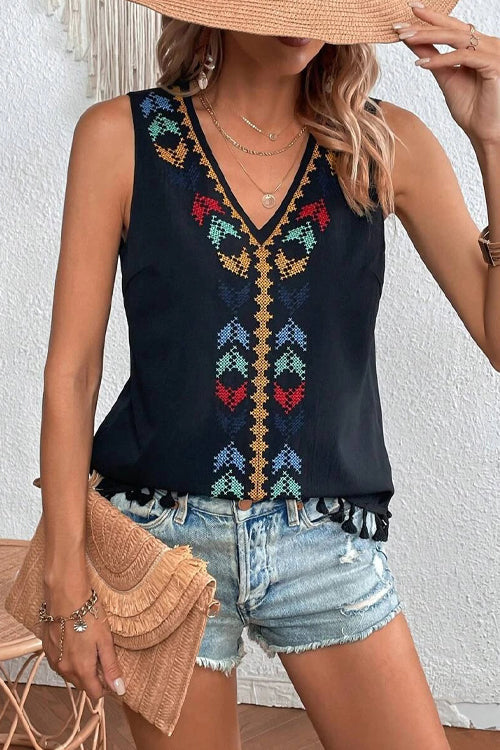 Just Be You Boho Embroidered Tassel Sleeveless Top - 4 Colors Black