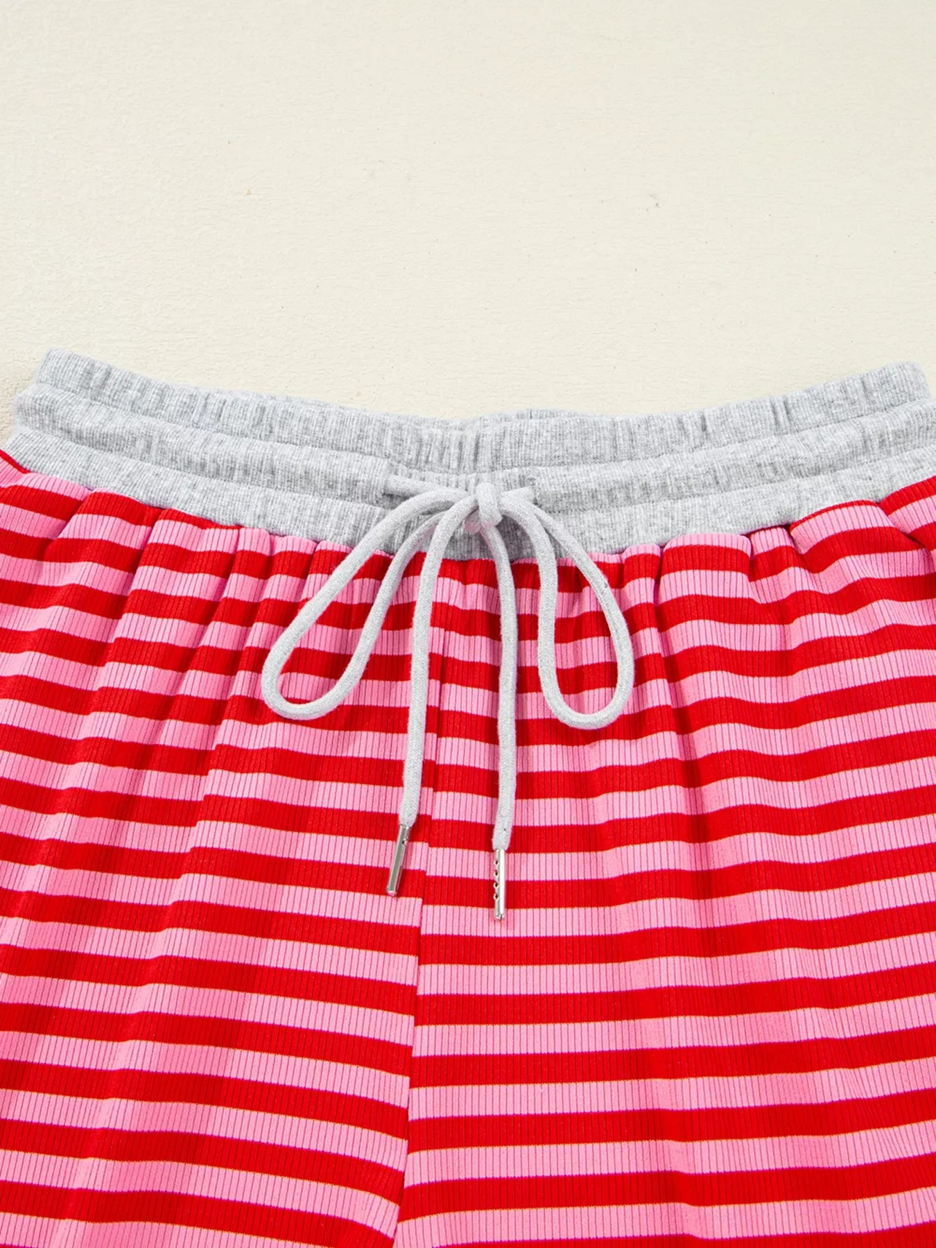 Women's Strawberry Stripe Drop Shoulder Baggy Top & Shorts Set – Casual Lounge Two Piece Outfit