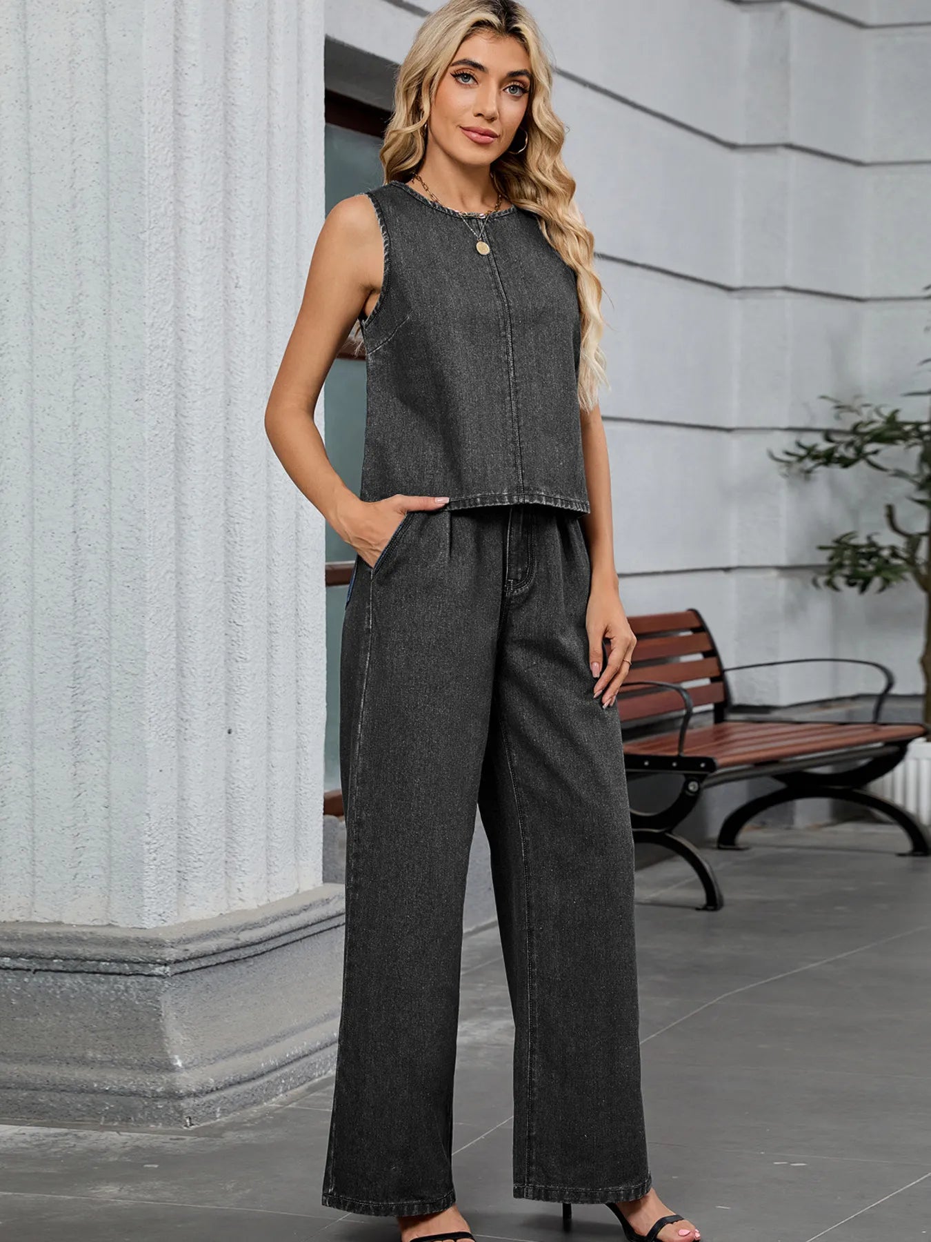 Denim Dream Round Neck Tank & Pants Set