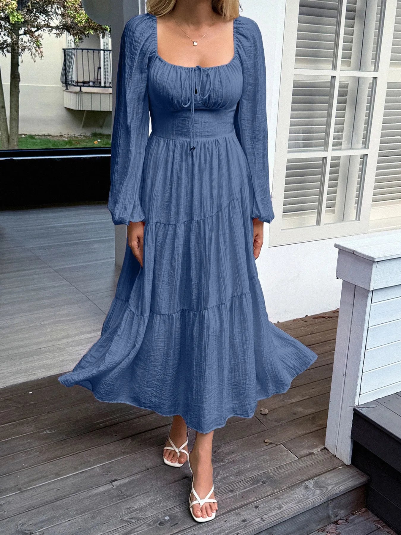 Tiered Balloon Sleeve Midi Dress – Elegant Long Sleeve Boho Dress for Women