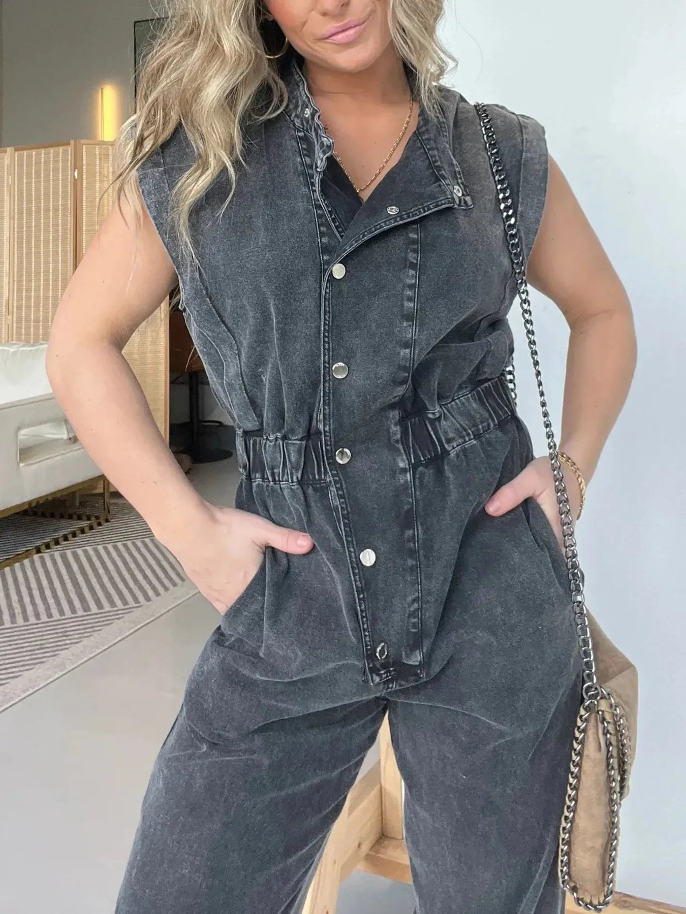 Full Size Button Front Cap Sleeve Denim Jumpsuit Plus Size