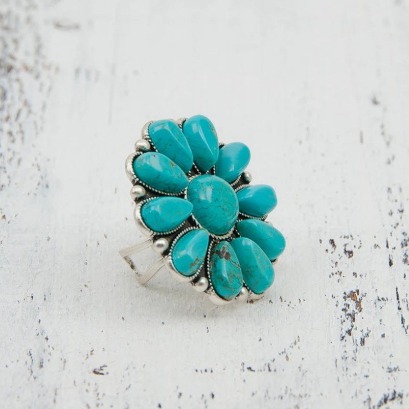 Boho Turquoise Alloy Flower Ring