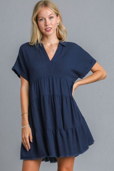 Raw Edge Folded Sleeve Tiered Dress