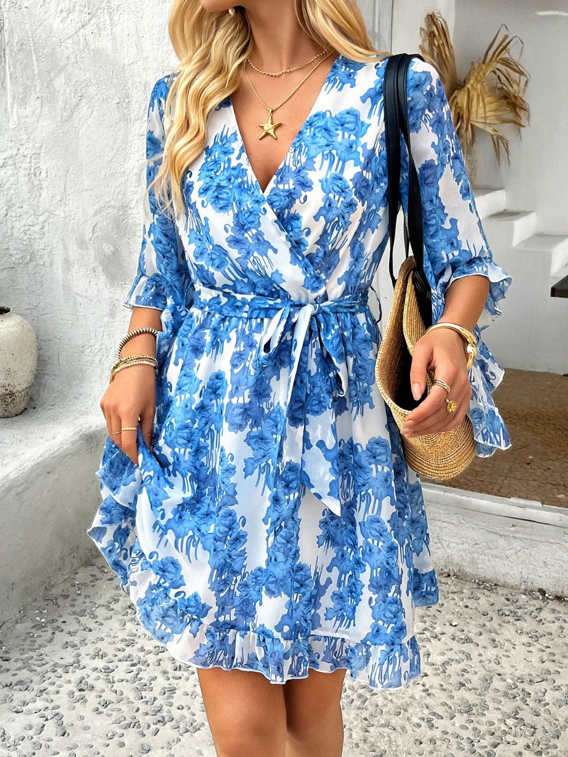 Devine Printed Surplice Ruffled 3/4 Sleeve Mini Dress