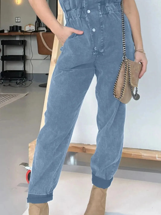 Full Size Button Front Cap Sleeve Denim Jumpsuit Plus Size