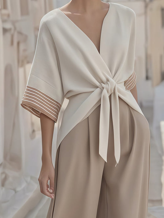 Women's Summer Linen Lace-Up Striped Cuff Suit