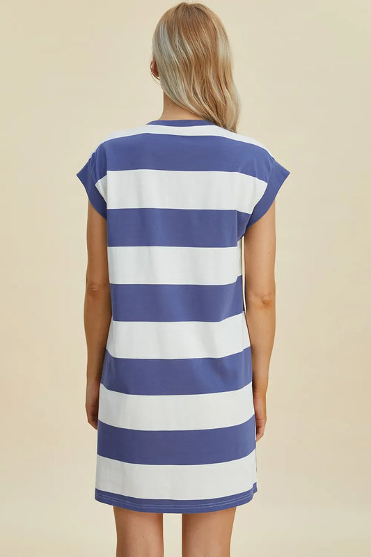 Striped Sleeve Mini Dress = Round Neck