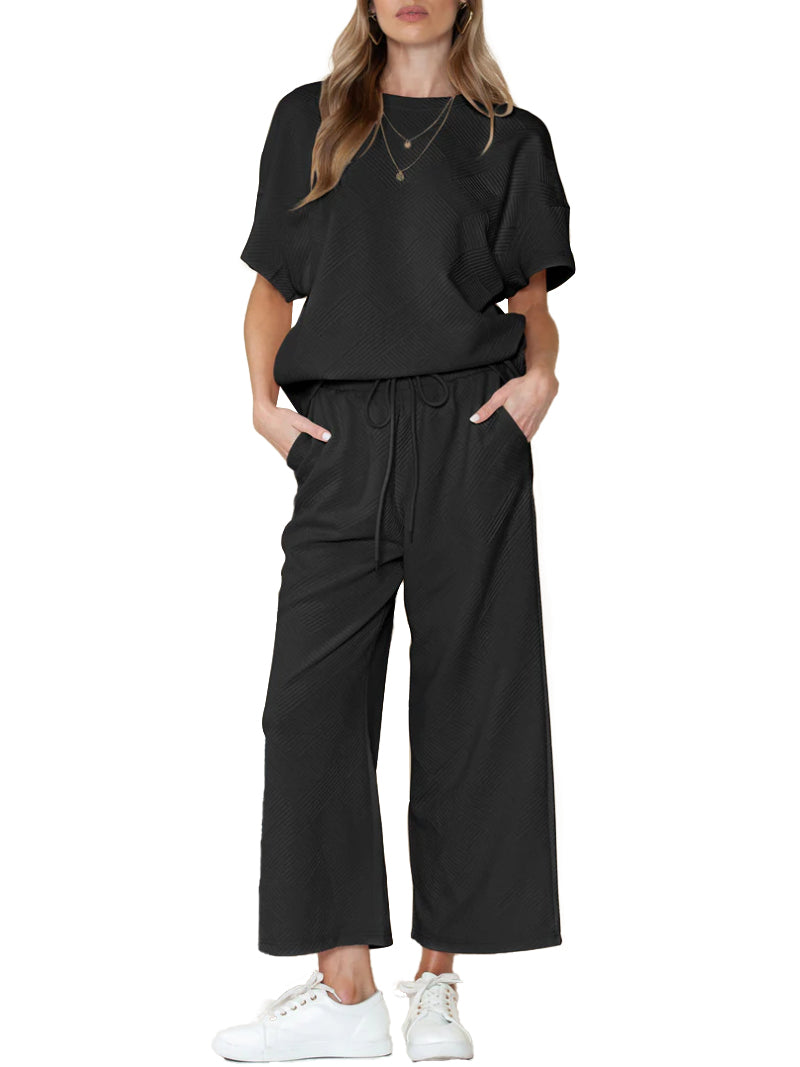 ⏰Hot Sale-Women's Textured Loose Fit T Shirt and Drawstring Pants Casual Set (Buy 2 Free Shipping)