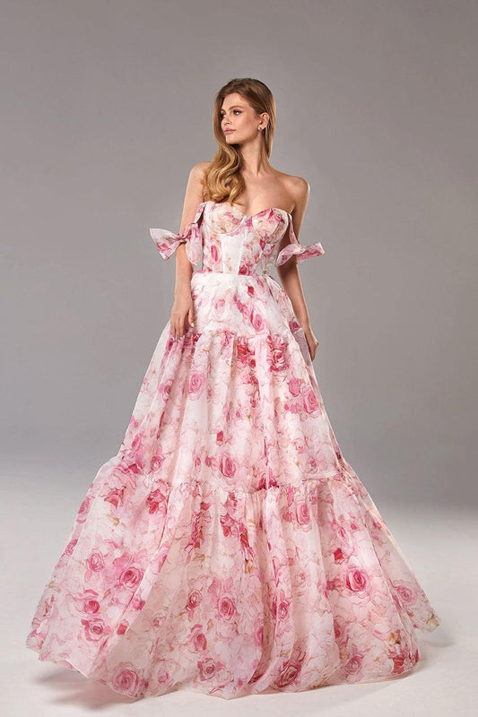 Organza Floral Print Tie Strap Maxi Dress Pink