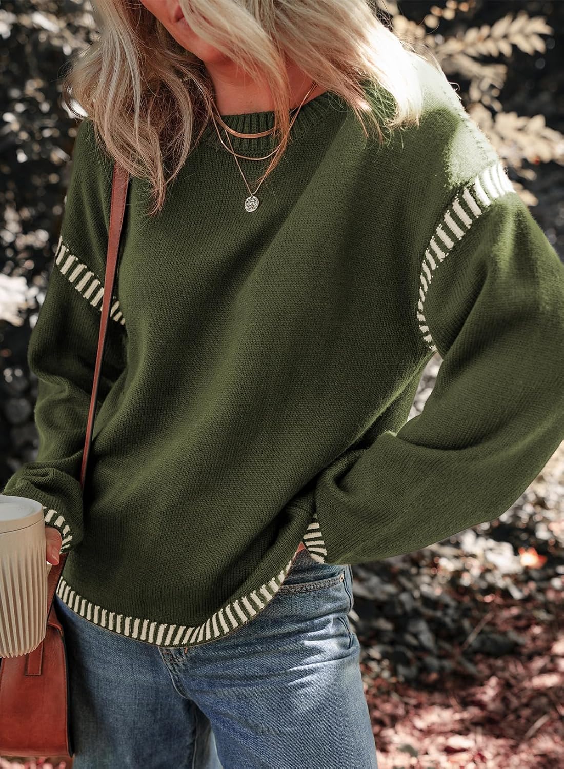 ⏰Hot Sale- Women's Cozy Contrast Trim Crewneck Sweater (BUY 2 FREE SHIPPING)