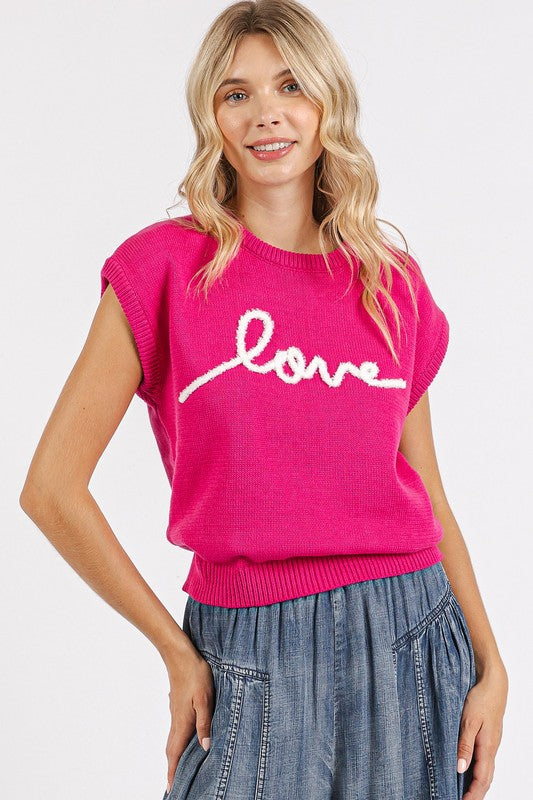 Hot Pink “Love” Knit Cap Sleeve Top